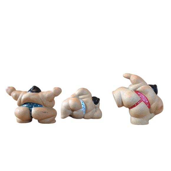 Sumo Doll Figure Set of 3 Ceramic In Action Figures Shikiri Shiko Akubi Hirune - Picture 7 of 8